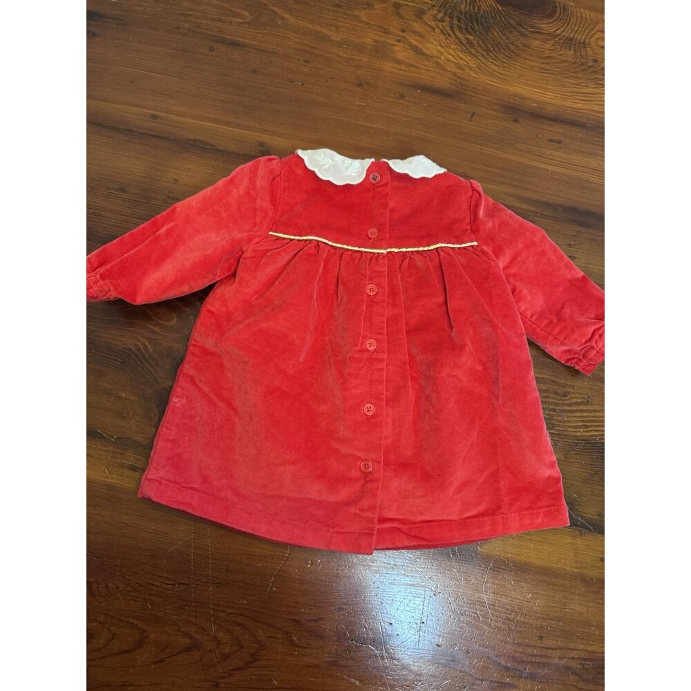 Mini Boden Appliqué Velvet Dress Poppy Red Size 0-3 Months Lined Lace Collar - Picture 7 of 11